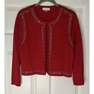 Calvin Klein Womens Large Cardigan Sweater Red Embellished Open Front Holiday